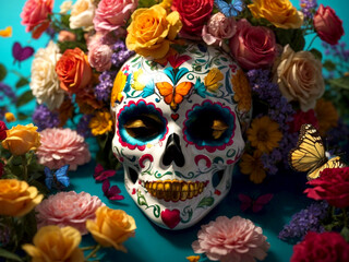 Hispanic heritage sugar skull. Day of the dead, Dia de los muertos. Colorfully painted skull with colorful patterns and designs is surrounded by vibrant flowers and butterflies. 