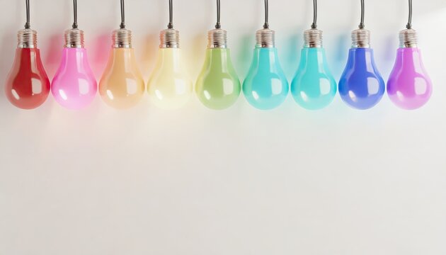 Vibrant Rainbow-Colored Light Bulbs in a Row on a Clean White Background. Generative AI.