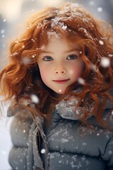 A little red-haired child having fun in the snow