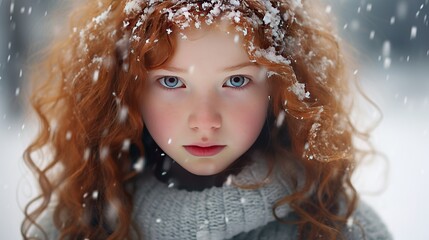 A little red-haired child having fun in the snow