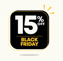 15% off banner. Black friday sale campaign. Sticker, tag, discount price. Social media marketing. Special offer, liquidation, promotion. Vector, design, icon