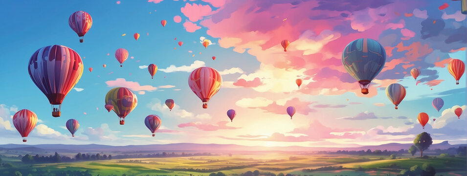 A sky filled with vibrant hot air balloons at dawn, floating above a charming countryside, Anime Style.