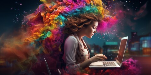  Colorful Head of a Woman Soars Over Her Laptop Amidst a Whirlwind of Colorful Dust, Symbolizing the Dynamic Convergence of Creative Design, Conceptual Thinking, Marketing Strategy, Business Planning