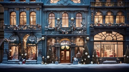 Obraz premium A holiday-themed structure decked out in toys and garlands. Winter and Christmas decorations adorn the façade of the building.