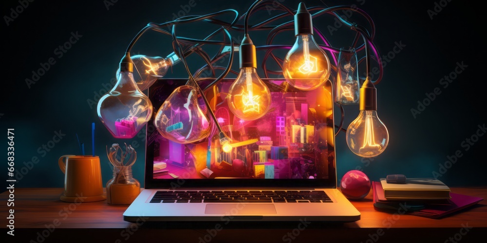 Poster A Laptop Surrounded by a Glowing Light Bulb and Colorful Idea Objects, Signifying the Dynamic Intersection of Marketing, Creative Campaigns, Business Solutions, and Startup Success, Fueled by Entrepre