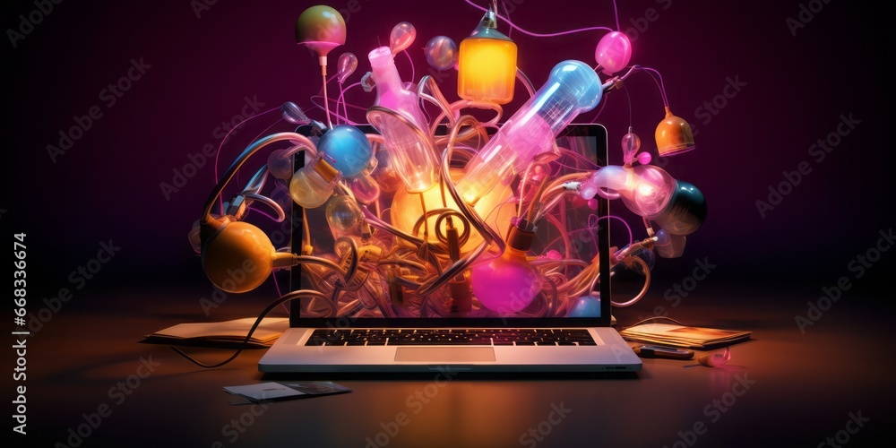 Poster A Laptop Surrounded by a Glowing Light Bulb and Colorful Idea Objects, Signifying the Dynamic Intersection of Marketing, Creative Campaigns, Business Solutions, and Startup Success, Fueled by Entrepre