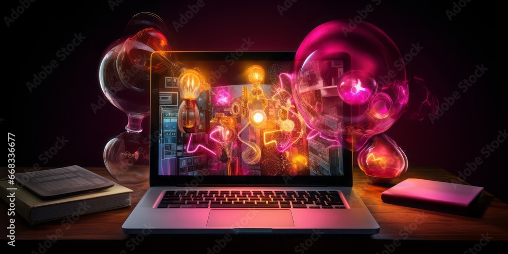 Poster a laptop surrounded by a glowing light bulb and colorful idea objects, signifying the dynamic inters