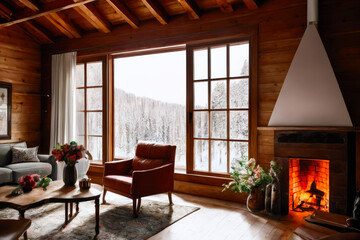 A cozy living room with a fireplace, surrounded by wooden walls and floor. Interior design