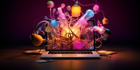 A Laptop Surrounded by a Glowing Light Bulb and Colorful Idea Objects, Signifying the Dynamic Intersection of Marketing, Creative Campaigns, Business Solutions, and Startup Success, Fueled by Entrepre
