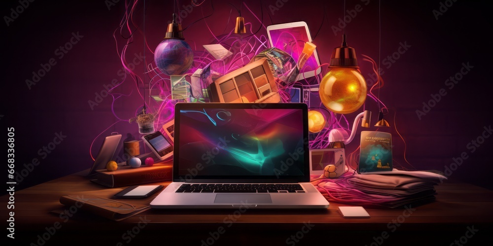 Poster a laptop surrounded by a glowing light bulb and colorful idea objects, signifying the dynamic inters