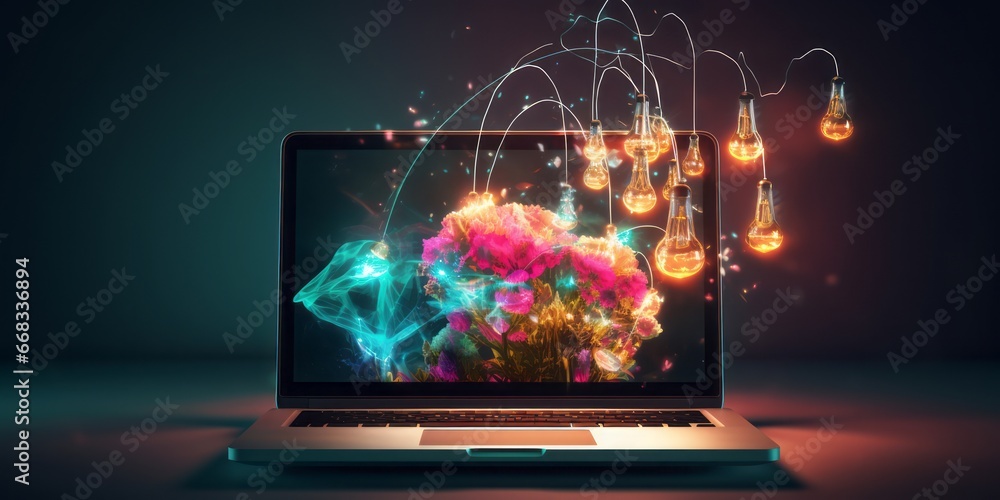 Poster a laptop surrounded by a glowing light bulb and colorful idea objects, signifying the dynamic inters