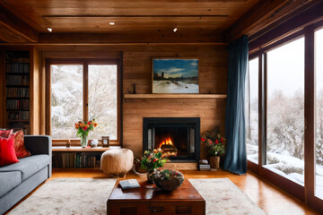 A cozy living room with a fireplace, surrounded by wooden walls and floor. Interior design