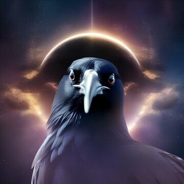 An ethereal, multi-dimensional raven with eyes that see into parallel dimensions, perched on a cosmic branch1