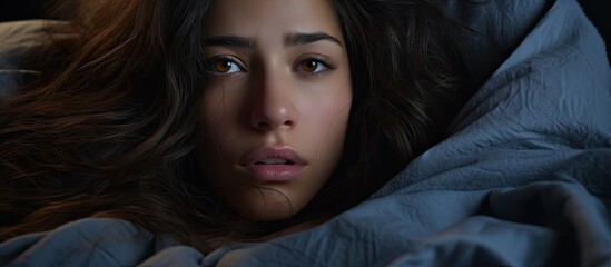 Distressed young Hispanic woman in bed at night struggling with sleep issues and mental well being