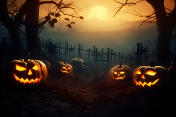 Halloween background, night forest and pumpkins with lighting eyes