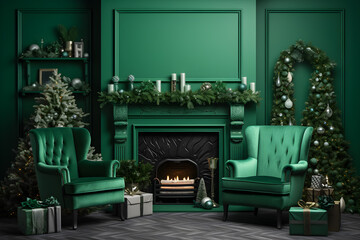 Green tones christmas interior decoration
