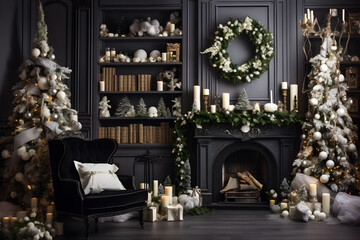 Classic christmas interior, New Year tree background