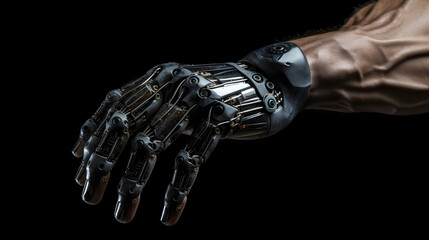 Naklejka premium Human and Robot Hand Fusion Future of AI and Bionic Technology Concept.