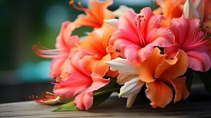 Vibrant Closeup of Pink and Orange Lilies on Wooden Surface