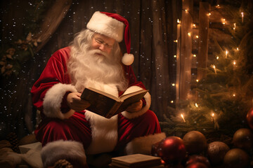 Santa with book on christmas decoration room background