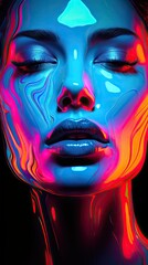 Fototapeta na wymiar a woman with her eyes closed and her eyes closed, with a neon glow on her face. generative ai