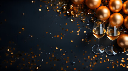 Celebration background with golden champagne bottle, confetti stars and party streamers