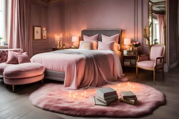 room with bed, A cozy pink and grey bedroom interior with a table, chair, and bed
