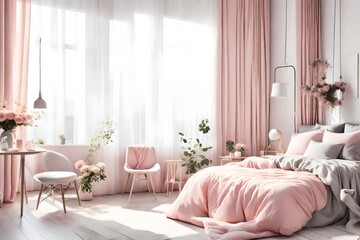 living room with a bed, A cozy pink and grey bedroom interior with a table, chair, and bed