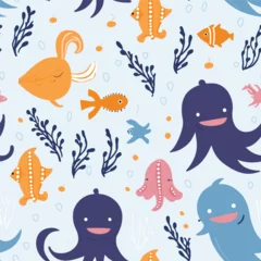 Fotobehang In de zee Cute seamless pattern with sea mammals - whale, starfish, octopus and seahorse, cartoon flat vector illustration. Childish seamless background with funny fishes wearing mask for snorkeling