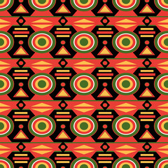 Geometric seamless pattern with circles, triangles, rectangles in red, green, yellow, white, orange on a black background. 