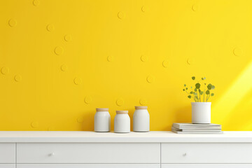 Contemporary Chic: A Yellow Room with Stylish Circular Wall Decor and Decorative Cabinet