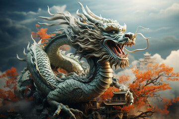 Fototapeta premium Traditional Asian green dragon close up, green background. 2024 Chinese New Year zodiac sign. AI Generative