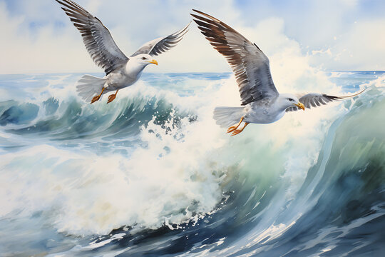 Painting of seagulls flying over the sea