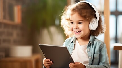 A young child in headphones is holding a tablet, looking at a tablet, playing a game, watching cartoons
