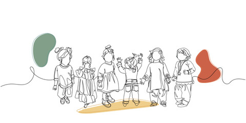 International day of girl child line art.group of stylish little girl friends. Young toddlerart Cool dress for girls. Trendy dressing of young kids. Fashionable stylish girl line art vector sisterhood