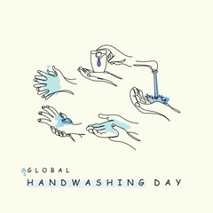 International hand washing day line art. Wash your hands steps vintage style art. Sanitized hand wash. SOPs to stop spread of viral diseases. Cleanliness. Global hand hygiene. Instructions banner art