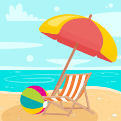 Beach landscape with lounge chair, sun umbrella, and beach ball