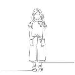 International day of girl child line art. Little girl with flaky hair in bumper dress. Young woman. Cool dress for girls. Trendy dressing of young kids. Fashionable stylish girl line art vector. hijab