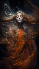 Orange Ghosts spirit with long hair, woman flying on dark background. Halloween concept. AI Generative