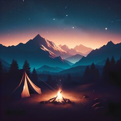 Camping Tent with Mountain Landscape Background and Shining Stars at Night
