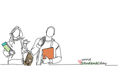 world students' day celebration line art. Poster of hard working teenage high school students. University students chit chatting. Learning at educational institute. Files books and laptops vector art