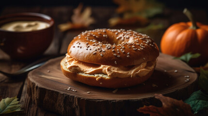 Pumpkin bagel with pumpkin cream cheese for advertising AI generative - obrazy, fototapety, plakaty