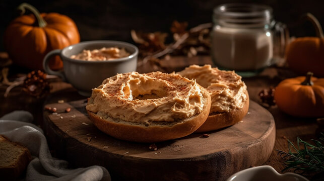 Pumpkin bagel with pumpkin cream cheese for advertising AI generative