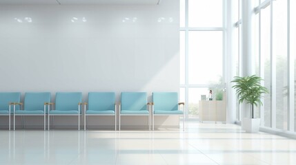 Empty modern hospital corridor, clinic hallway interior background with white chairs for patients waiting for doctor visit.  - obrazy, fototapety, plakaty