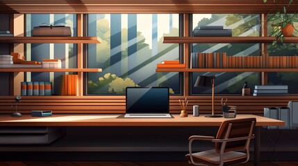  illustration of a modern home office interior with windows built-in wooden shelves and a laptop placed on a desk 
