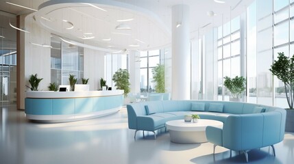 Lobby interior of waiting area in modern hospital or medical facility medicine