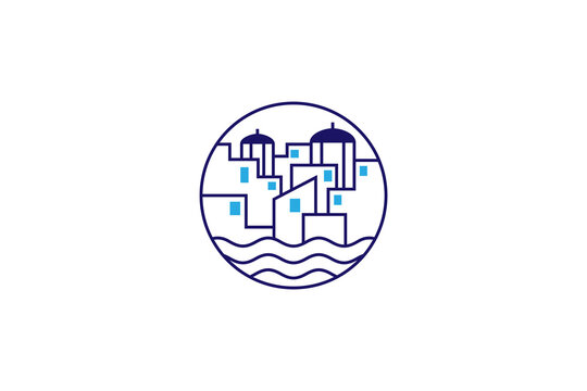 Santorini city logo with blue lines in a circle shape