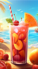 Glass of fresh orange juice with ice cubes and fruits on tropical background