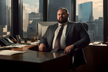 Plus-size CEO man sitting at his work place. Neural network generated photorealistic image. Not...