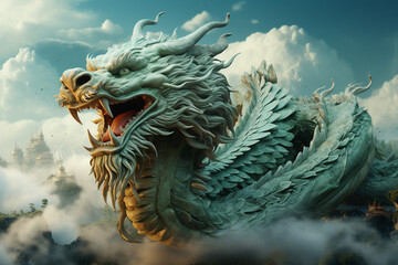 Traditional Asian green dragon close up, green background. 2024 Chinese New Year zodiac sign. AI Generative